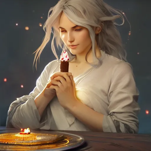 Image similar to a wizard enjoying their birthday cake, art by artgerm and greg rutkowski and alphonse mucha, concept art, octane render, unreal engine 5, highly detailed, high quality, 8 k, soft lighting, realistic face, path traced