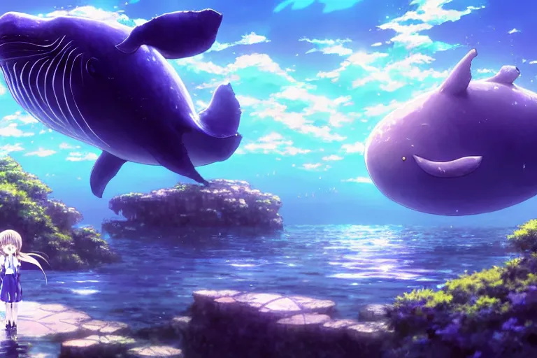 Image similar to a panorama distant view under the water, underwater world, anime art full body portrait character concept art, hyper detailed cg rendering of a cute girl and whale, anime key visual of violet evergarden, finely detailed perfect face, style of raphael lacoste, makoto shinkai, violet evergarden, studio ghibli, james jean, hayao miyazaki, extremely high quality artwork