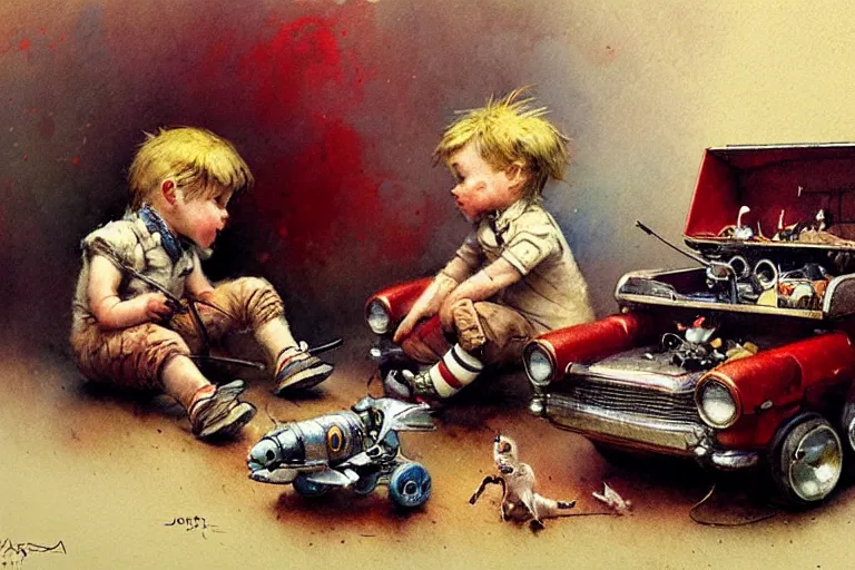 Image similar to adventurer ( ( ( ( ( 1 9 5 0 s retro future living room. muted colors. toys laying around ) ) ) ) ) by jean baptiste monge, chrome red