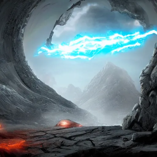 Image similar to comic book scene of an epic portal being exited by a god, cinematic, realistic, beautiful scenery, matte painting, highly detailed, octane render