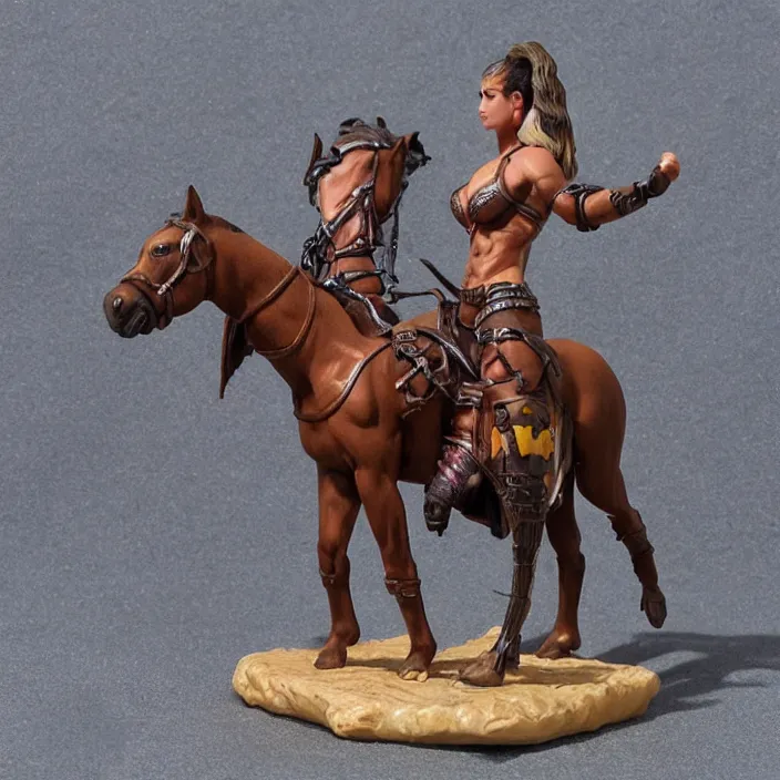 Image similar to 80mm resin detailed miniature of a Muscular Woman warrior standing next to a Horse, Product Introduction Photos, 4K, Full body, simple background