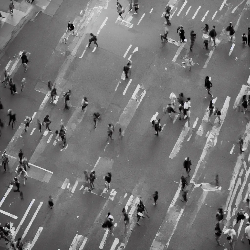 Image similar to a black and white photo of people crossing a street, a tilt shift photo by ned m. seidler, featured on pexels, photorealism, streetscape, anamorphic lens flare, dynamic composition