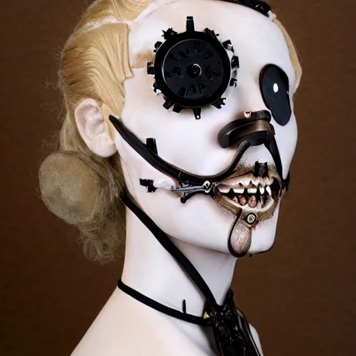 Image similar to Clockwork Cyborg Vampire French Aristocrat, powdered wig, gears, prosthetics, full-body