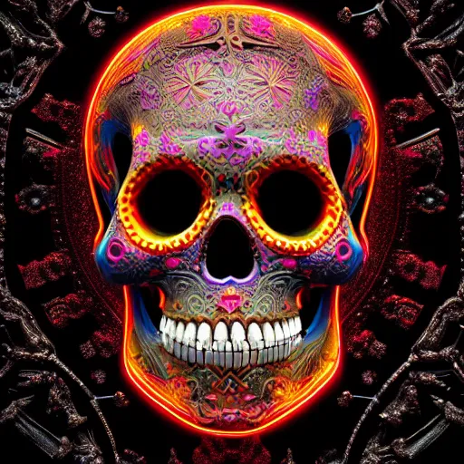 Image similar to a highly detailed photographic render of intricately carved sugar skull, psychedelic, black background, neon light, intricate ornament, gilding, horror, dark fantasy, beautifully lit, ray traced, octane 3D render in the style of Gerald Brom and James Gurney