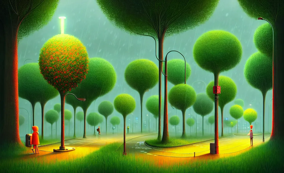 Image similar to Beautiful city of the future, overgrown with trees and plants. Raining at night with light pole illuminate the patch, Nice colour scheme, warm colour. Beautiful artistic digital artwork by artist Lurid. (2022), Gediminas Pranckevicius