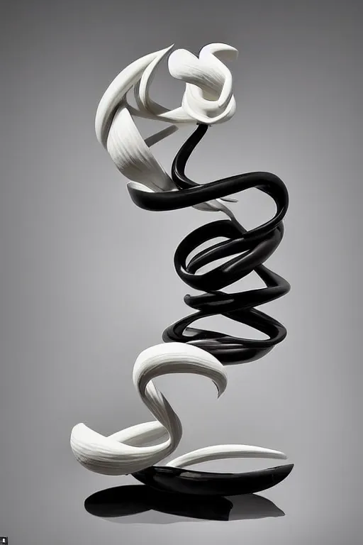 Image similar to a beautiful crafted and rendered black abstract, porcelain sculpture, with many details, that is turning itself inside, rotated and twisted, hyperrealistic and high details and minimalistic ornaments