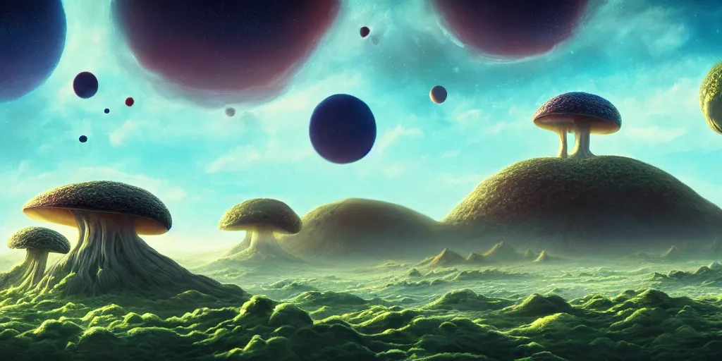 Prompt: a view of a surreal alien variated planetary landscape with gigantic fungus of varying sizes scattered across the vast landscapes, surreal clouds, floating islands, 4 k, retro, detailed, beautiful view, vibrant, planets in the skies, trending on artstation