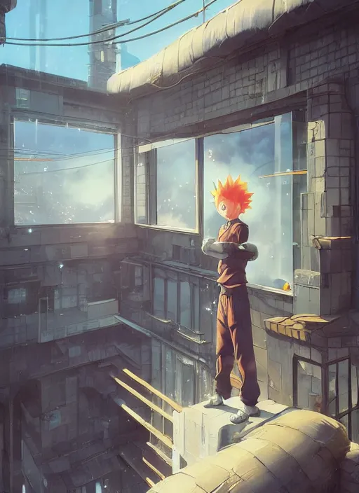 Prompt: highly detailed krillin standing outside building with a window with metal bars and naruto uzumaki with black hair behind them art by greg rutkowski, loish, rhads, ferdinand knab, makoto shinkai and lois van baarle, ilya kuvshinov, rossdraws, tom bagshaw, global illumination, radiant light, detailed and intricate environment