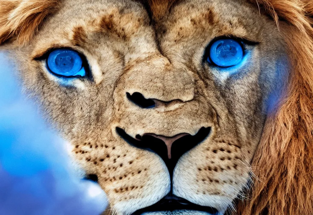 Image similar to a close up of a lion's face with blue eyes, an album cover by jacob toorenvliet, featured on behance, cubo - futurism, rendered in cinema 4 d, sketchfab, rendered in maya