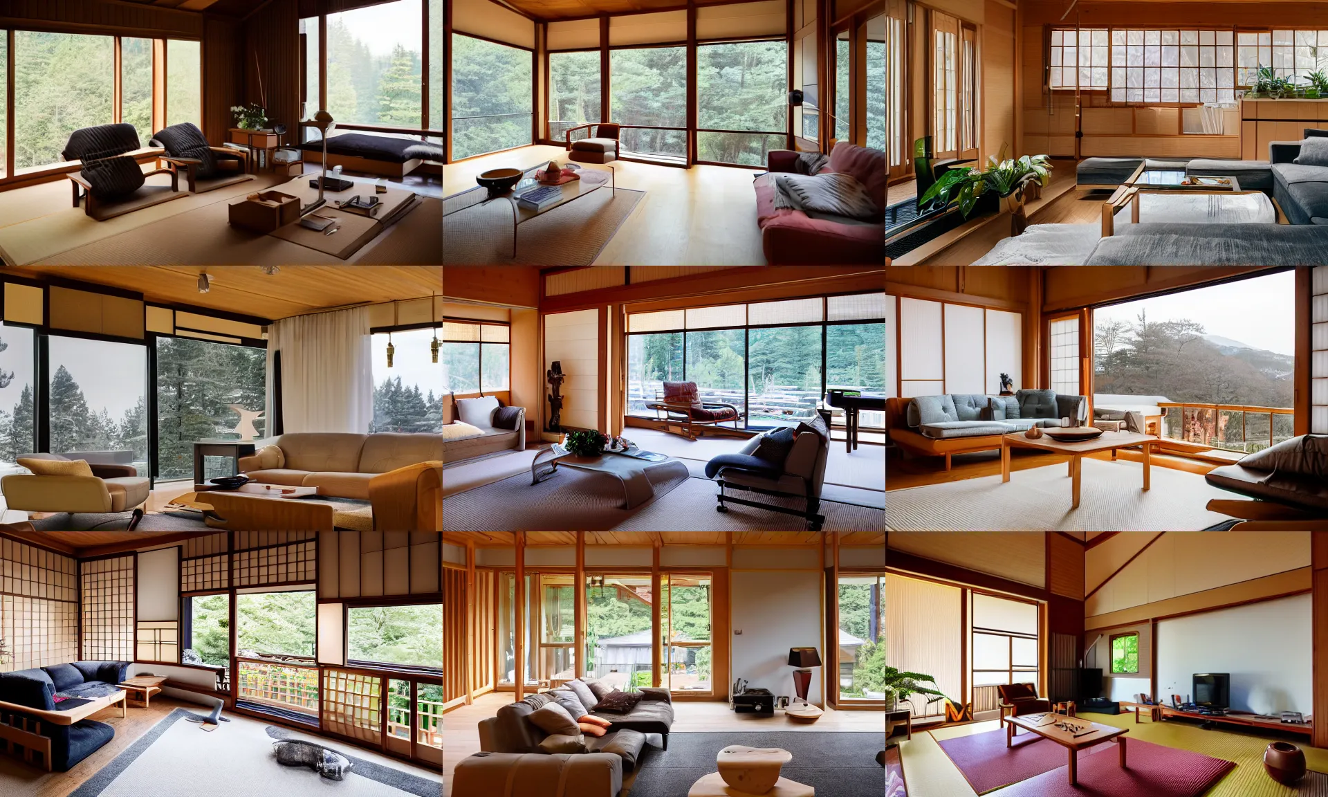 Prompt: full interior view photo of modern fully furnished japanese living room in a luxurious wooden cottage, with floral arrangements, ultra realistic, architecture photography by alvar aalto, telephoto lens, canon rf 8 0 0 mm f / 5. 6 l