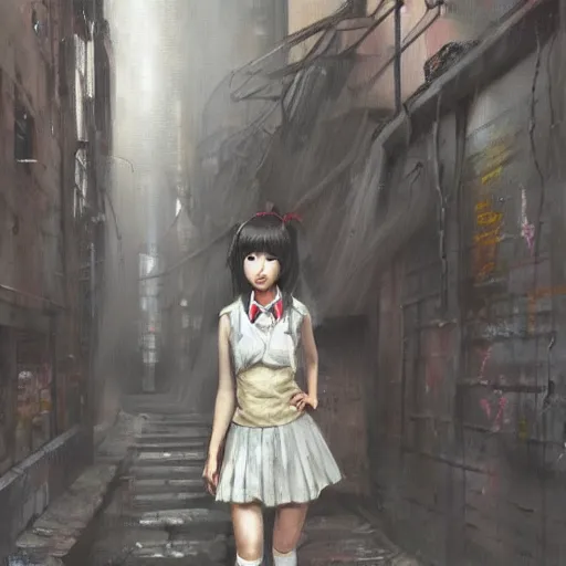 Image similar to a perfect, realistic professional oil painting of a Japanese schoolgirl posing in a dystopian alleyway, style of Marvel, full length, by a professional American senior artist on ArtStation, a high-quality hollywood-style concept