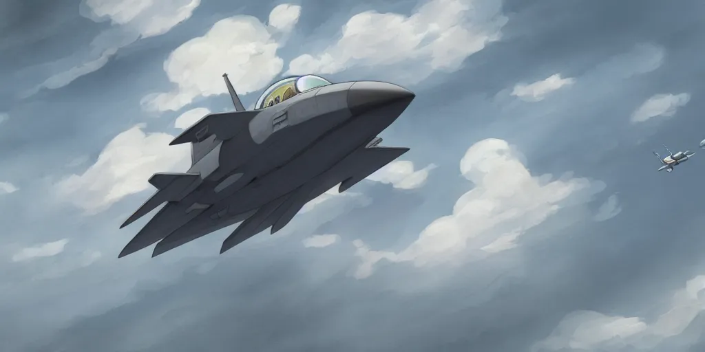 Prompt: a cell - shaded studio ghibli concept art study of a grey cube in the sky. a fighter jet is also in the sky. wide shot, very dull colors, hd, 4 k, hq