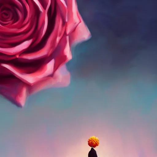 Image similar to closeup, giant rose flower head, frontal, girl in a suit, surreal photography, sunrise, dramatic light, impressionist painting, digital painting, artstation, simon stalenhag