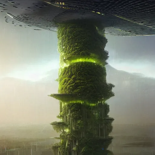 Image similar to a futuristic city scape of vertical organic farms, growing, mossy cellular structures, epic landscape, endless towering science fiction towers, raining, misty, in the style of john harris