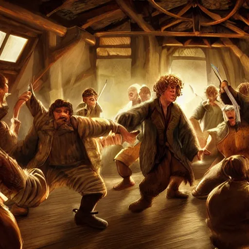 Image similar to Digital art of hobbits dancing in a tavern, artstation 4k detailed