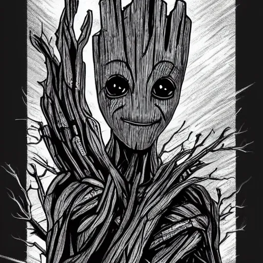 Prompt: groot baby ghost dark cyber scifi ambiance drawing