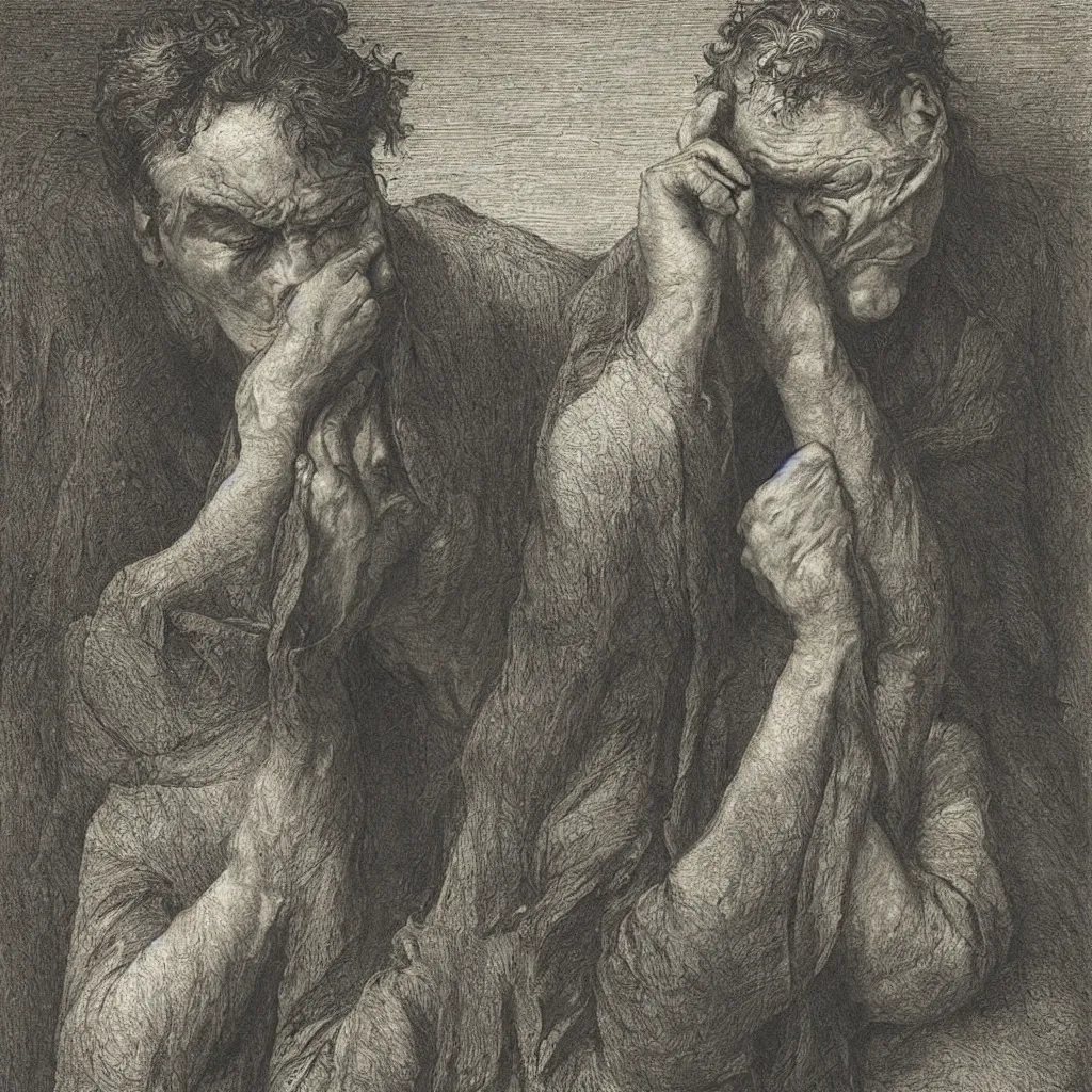 Image similar to a crying man, gustav dore