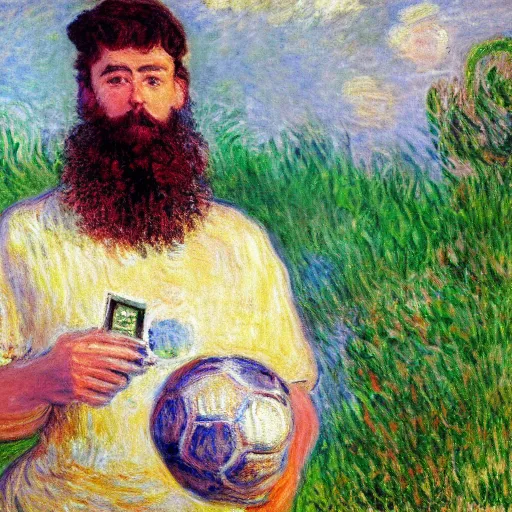 Image similar to monet painting of a bearded man with short hair, he is holding a soccer ball and a computer, highly detailed, realistic,