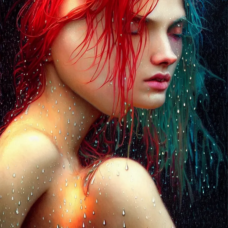 Image similar to bright asthetic portrait LSD glowing backlit rain on face and wet hair, fantasy, intricate, elegant, dramatic lighting, highly detailed, lifelike, photorealistic, digital painting, artstation, illustration, concept art, smooth, sharp focus, art by John Collier and Albert Aublet and Krenz Cushart and Artem Demura and Alphonse Mucha