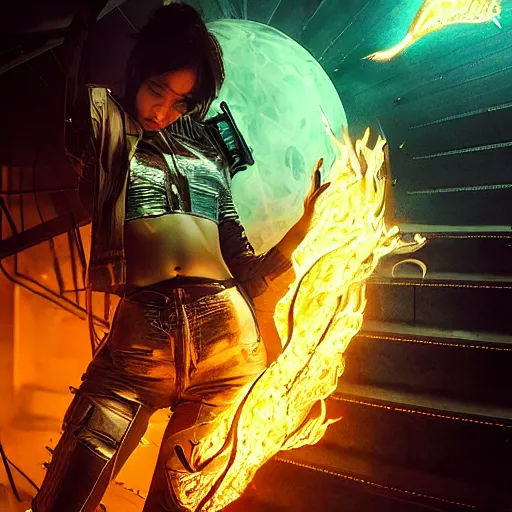 Prompt: a girl like yoona, casting fire spell, background cyberpunk spaceship, full shot, photo, geometries, Fibonacci volumetric lighting, epic composition, intricate details, dark neon punk, by denis villeneuve