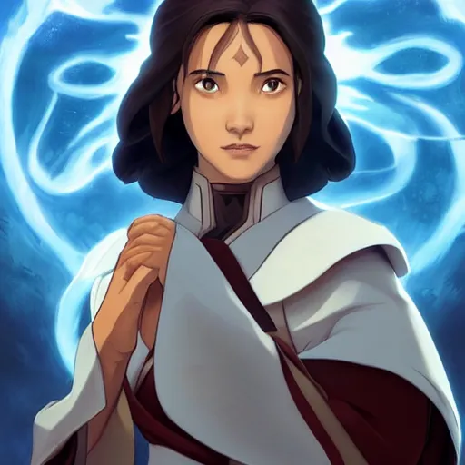 Prompt: Portrait of Avatar Korra wearing Jedi robes and meditating, Legend of Korra, Avatar the Last Airbender, intricate, elegant, highly detailed, digital painting, artstation, concept art, smooth, sharp focus, illustration, art by artgerm and greg rutkowski and alphonse mucha and andrei riabovitchev