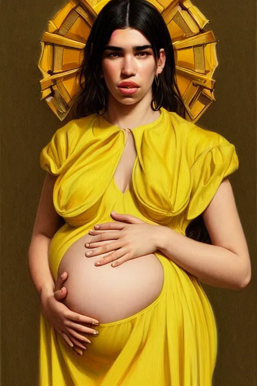 Image similar to pregnant dua lipa in a yellow dress, realistic portrait, symmetrical, highly detailed, digital painting, artstation, concept art, smooth, sharp focus, illustration, cinematic lighting, art by artgerm and greg rutkowski and alphonse mucha