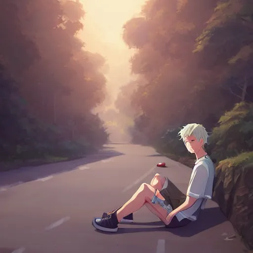 Image similar to young man with short, ash blond greyish hair, light brown eyes, casual clothes, relaxing, happy, path traced, highly detailed, high quality, digital painting, by studio ghibli and sylvain sarrailh, beautiful details