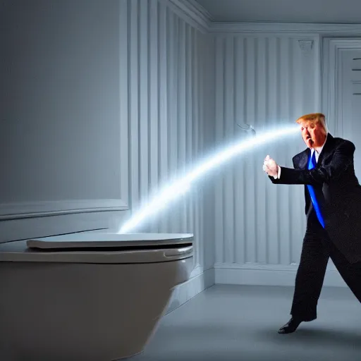 Prompt: stunning awe inspiring donald trump throwing papers into the toilet, movie still, 8 k hdr atmospheric lighting