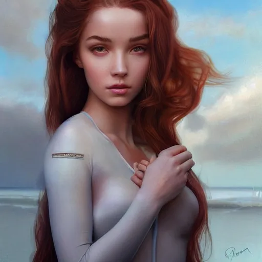 Prompt: tom bagshaw, very beautiful genetic mix of madison beer bella poarch dove cameron in a sailor suit flirting smile, randomly lustrous dyed hair, professionally retouched, focus eyes, ultra realistic soft painting, insanely detailed linework, symmetrical accurate intricate features, behance artstation, 8 k, no artifacts signatures