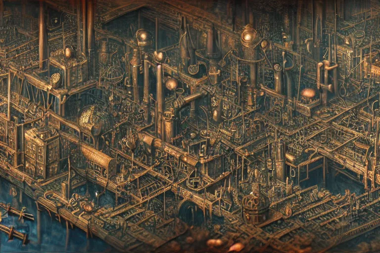 Image similar to an elaborate penned illustration of a apocalyptic intricate connected city of tubes and pipes, muted colors, copper pipers, by jan van haasteren and jheronimus bosch, unreal engine, physically based rendering, ariel view, tilt - shift, grim, moody, shiny, industrial, water, smoke, reflective, cinematic, isometric