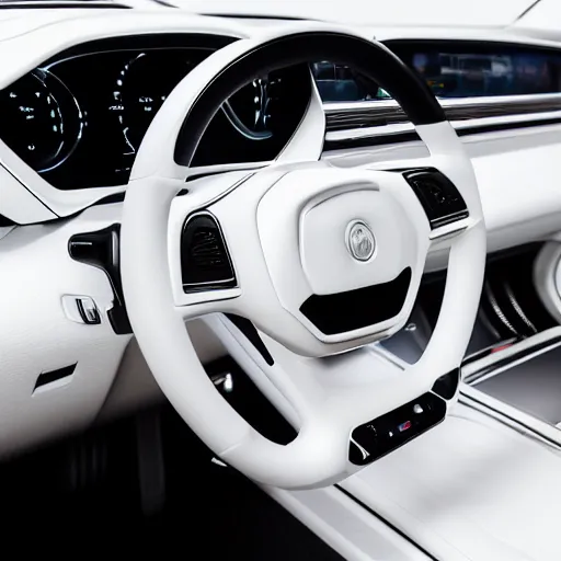 Image similar to cinematic photoshoot of clean modern hand crafted super futuristic tech luxury car interior pro display xpr luxury smooth color metal white silver with black leather padding well design ultrareallistic detailed high quality 8 k photorealistic ultra realistic