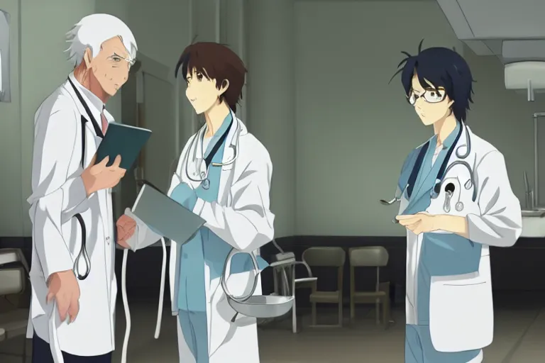 Prompt: a elegant doctor wearing white coat are talking with an old surgeon in a hospital, slice of life anime, lighting, anime scenery by Makoto shinkai
