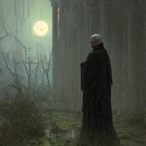 Image similar to a terrified catholic priest, full moon in the background, rainy atmosphere, natural volumetric light, intricate, highly detailed, digital painting, artstation, concept art, sharp focus, illustration, SFW, art by greg rutkowski and alphonse mucha