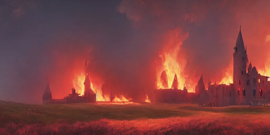 Prompt: a royal medieval castle on fire, burning down, intense flames, landscape by simon stalenhag, rendered by beeple, by makoto shinkai, digital art