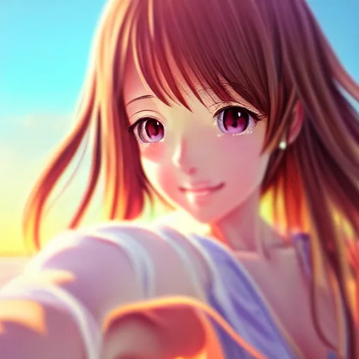 Prompt: beautiful serene intricate very detailed portrait of a realistic anime girl taking a selfie smiling softly, relaxing on the beach, golden hour, soft focus, 8 k, art by irakli nadar, hyperrealism, hyperdetailed, ultra realistic