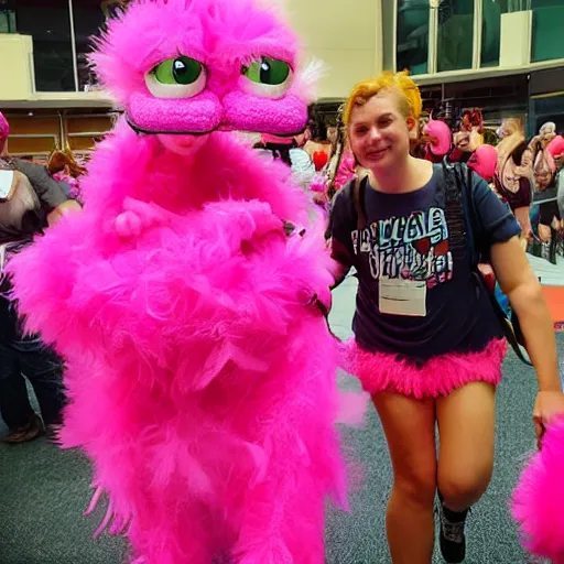 Image similar to hot pink feather boa muppet at furry convention, with furries in the background