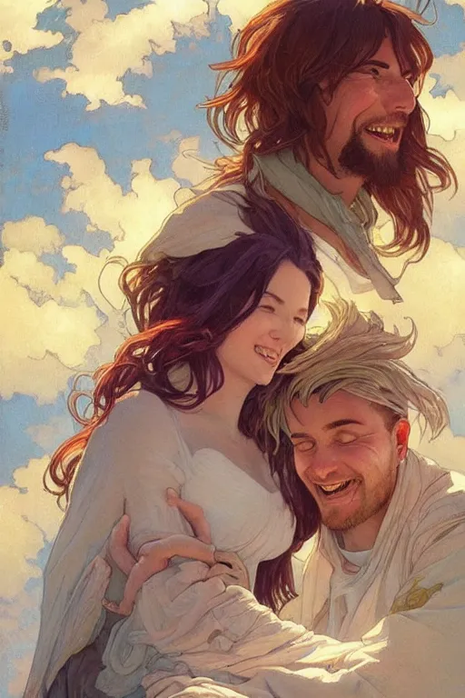 Prompt: giant kurt cobaine and lil peep laughing looking down from the sky on the earth, atmospheric, cinematic, art by artgerm and greg rutkowski and alphonse mucha