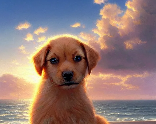 Image similar to a cute puppy with its eyes closed on a very windy day, at the sea,, wind blowing through its fur, highly detailed, hyperrealistic, intricate, sunset in the background, rays of golden red sunlight, oil painting by greg rutkowski and artgerm and wlop