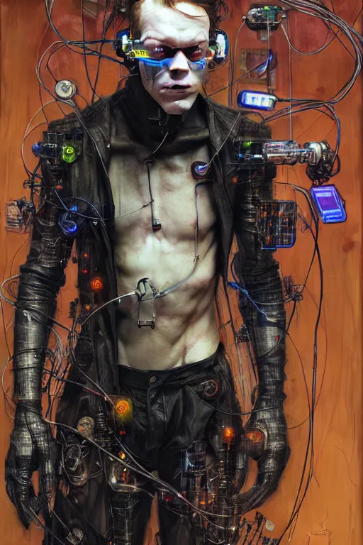 Image similar to cameron monaghan as a cyberpunk hacker, wires cybernetic implants, by esao andrews, jenny saville, james jean