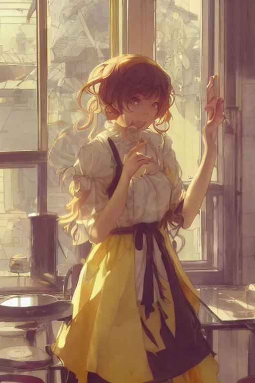 Image similar to A girl in a maid's outfit in a cafe a afternoon, wavy hair yellow theme,S line,45 angel by krenz cushart and mucha and arknights and greg rutkowski