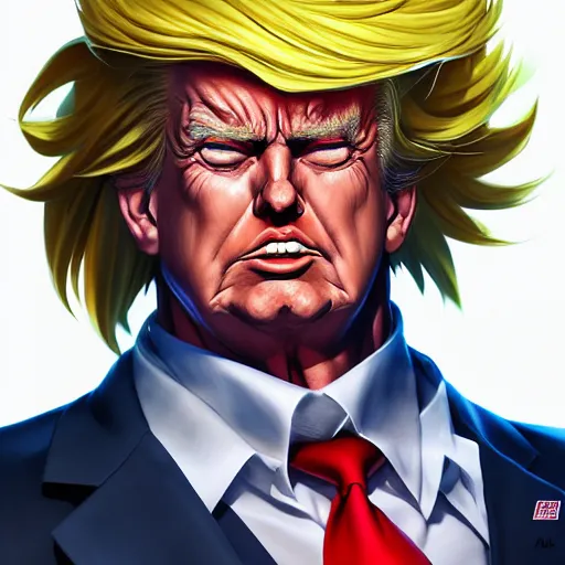 Image similar to anime portrait of trump as All Might by Stanley Artgerm Lau, WLOP, Rossdraws, James Jean, Andrei Riabovitchev, Marc Simonetti, and Sakimichan, trending on artstation