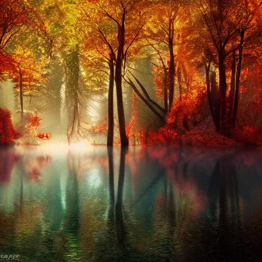 Prompt: an autumn forest under water, photo realistic, hyper realistic, HDR, 8k, by Albert Bierstadt