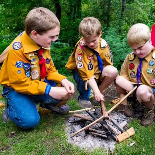 Prompt: puppies dressed as Boy Scouts building a campfire