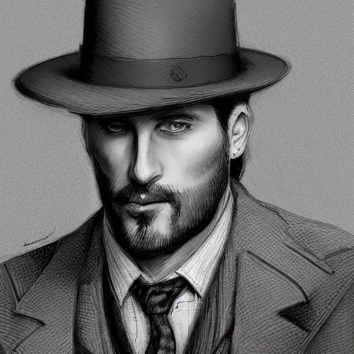 Image similar to portrait of a detective, zoomed in, noir, fedora, tweed coat, confident, handsome, heavy shading, vintage, high quality, by artgerm, artstation, ( ( ( by ilya repin ) ) )