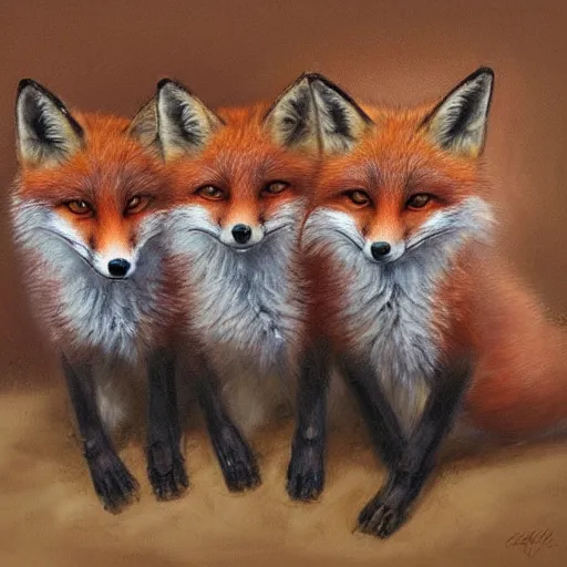 Image similar to a cute, meaningful, and profound oil painting of three foxes playing artstation james gurney