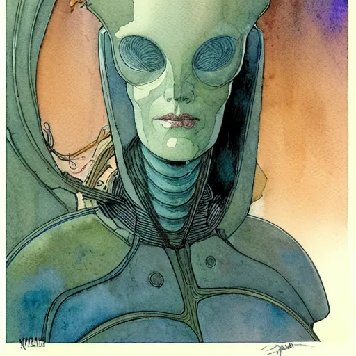 Image similar to a simple and atmospheric watercolour portrait of a pulp sci - fi alien hivr queen, very muted colors, by rebecca guay, michael kaluta, charles vess and jean moebius giraud