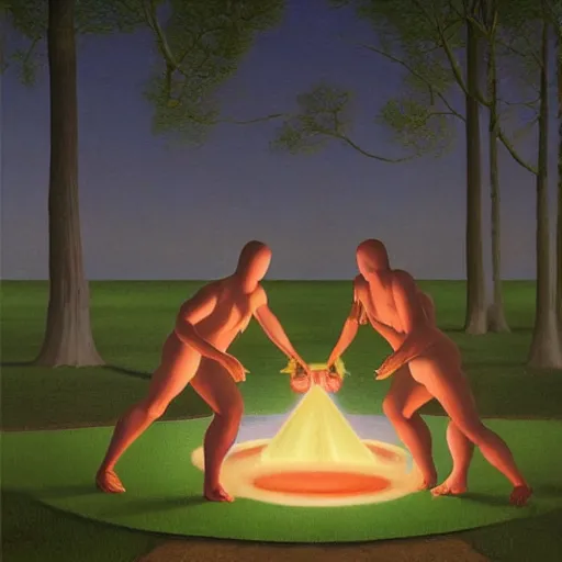Prompt: A ritual, by Raphael Hopper, and Rene Magritte. Steven Rhodes, Extremely Highly detailed, Occult, funny, humorous, humor, hilarious, funny, entertaining, magical, trending on artstationHQ