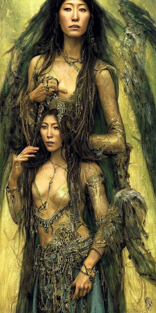 Prompt: epic masterpiece portrait of priestess played by dichen lachman, followed by head with many souls, beautiful face and flawless skin, perfect hands, emeralds by Edgar Maxence and Ross Tran and Michael Whelan