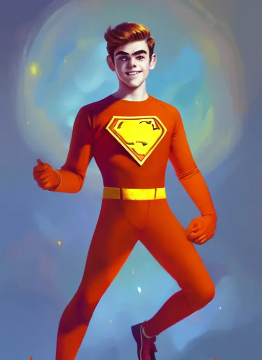 Image similar to kind teenage archie andrews wearing an orange superhero costume, superhero costume with heart emblem, intricate, elegant, glowing lights, highly detailed, digital painting, artstation, sharp focus, illustration, art by wlop, mars ravelo and greg rutkowski