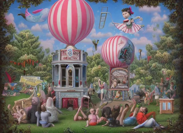 Prompt: 🎪🎟🤹♀🎠🎡, lowbrow, matte painting, 3 - d highly detailed, in the style of mark ryden,